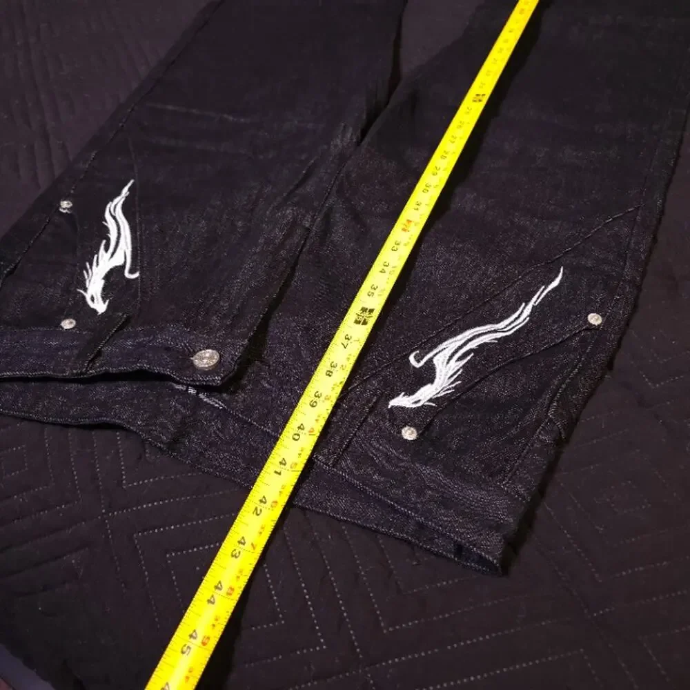 Embroidered Flame Raw Denim Jeans Dark Indigo Wide Leg W32 44in